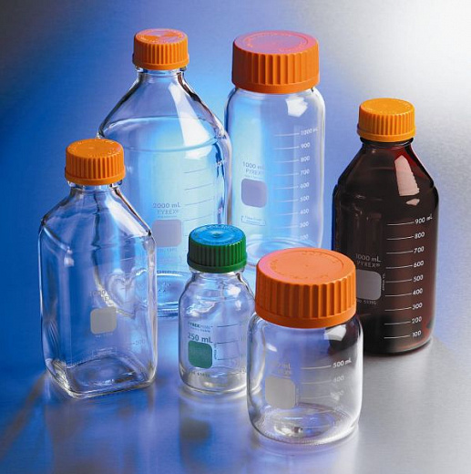 Бутыль 250 мл, БС Pyrex до 500°С, d горла внешний 45 мм, с завинч. крышкой, круглая, темное стекло, 4 шт/уп