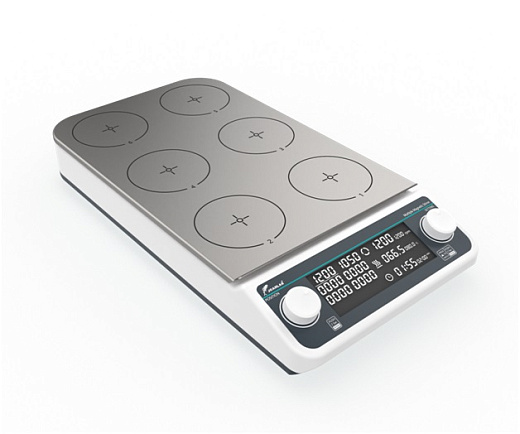 Мешалка магнитная, объем по воде 0,5 л на 1 место, 6 мест, платформа 110×110 мм на 1 место, нагрев до 120 °С, 50-1200 об/мин, MHS6Pro, вид сбоку, Joan, Китай