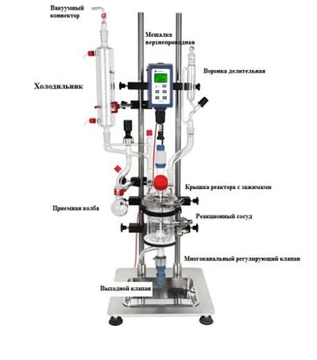 Реактор лабораторный, 200 °С, 500 мл, все в одном, с рубашкой, верхнеприводной мешалкой OHS.4, c штативом, BTG500 Фото 2