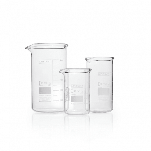 Стакан 250 мл стеклянный, с носиком и упрочненным краем, градуировка, высокий, 120х60 мм, 10 шт/уп, Duran (DWK)