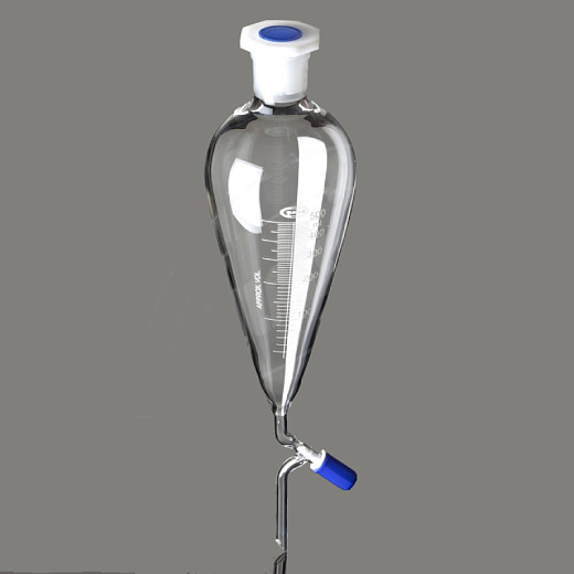 Воронка делительная, 50 мл, грушевидная, шлиф 19/26, с градуировкой, с игольчатым клапаном, пробка ПП, 1 шт./уп., Glassco
