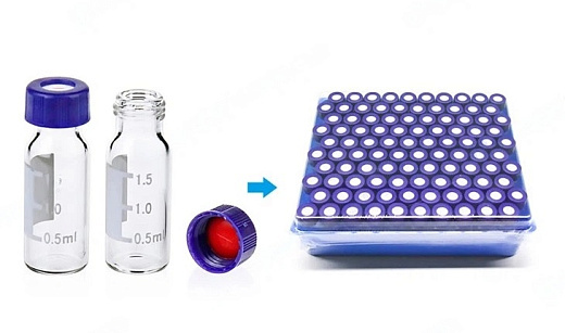 Виала 2 мл, прозрачное стекло, 12x32 мм, дно плоское, горло винтовое 9-425, с этикеткой, синяя крышка с отверстием, септа красный PTFE/белый силикон, 1 мм, Zhejiang ALWSCI Technologies