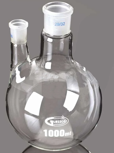 Колба двугорлая, параллельная, 5000 мл, высота 305 мм, центральный шлиф 34/35, боковой шлиф 19/26, 1 шт. в упаковке, Glassco
