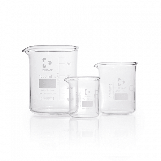 Стакан 150 мл стеклянный, с носиком и упрочненным краем, градуировка, низкий, 80х60 мм, 10 шт/уп, Duran (DWK)