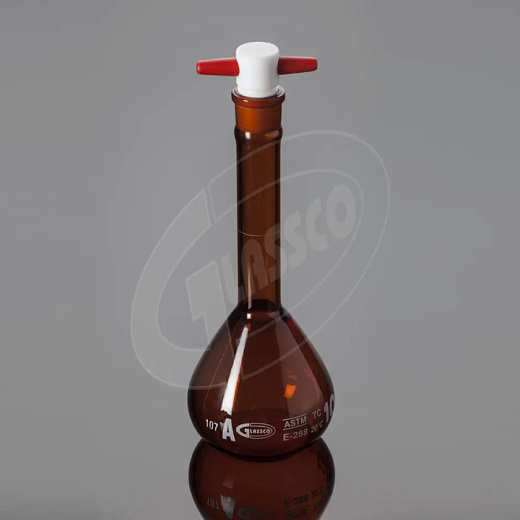 Колба мерная, класс А, темное БС, с одной отметкой, несерийные, пробка ПФТЭ, Glassco, Индия