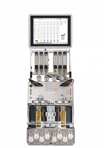 Биореактор бактериальный, стеклянные сосуды 0,4 л, 0,75 л или 1,4 л (на выбор), два сосуда для параллельного культивирования, контроль 24 параметров, Multifors 2