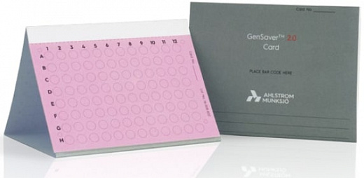 Карта GenSaver Color 2.0, слюна, моча, плазма, клетки буккального эпителия, хранение более 22 лет, до 125 мкл, 2 места, с пропиткой защищающей от роста грибов, плесени, бактерий и дрожжей, 100 шт/уп