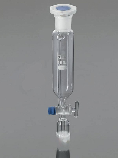 . Воронка капельная с компенсатором давления, 50 мл, цилиндрическая, шлиф 29/32, запорный кран из PTFE, с капельным штоком, пробка ПП, 1 шт./уп., Glassco