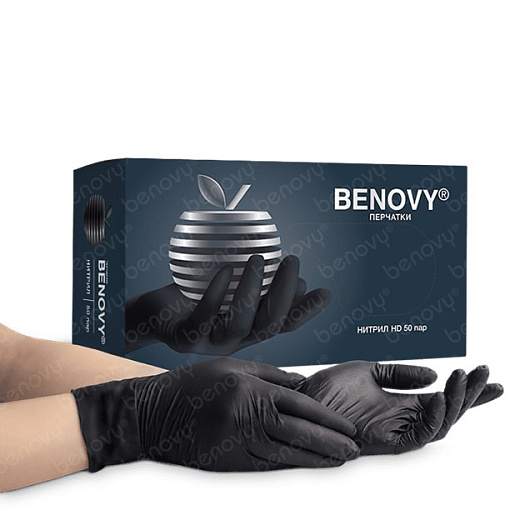 Перчатки нитриловые, длина 24 см, особопрочные, черные, Benovy, 50 пар/уп., Китай